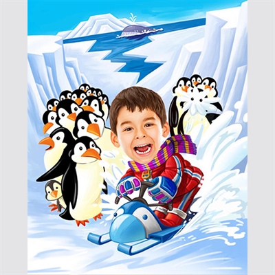 Sled with Penguins Caricature from a photo of a little boy, by myDaVinci - myDaVinci